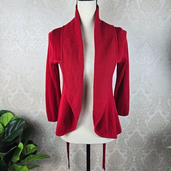 BCBGMaxAzria Size Medium Red 100% Merino Wool Sweater Cardigan Waist Tie Belt - Picture 8 of 11